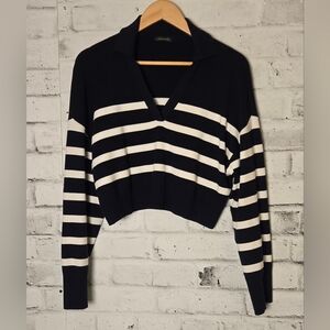 Dynamite Navy White Striped Collared V-Neck Cropped Sweater Size S